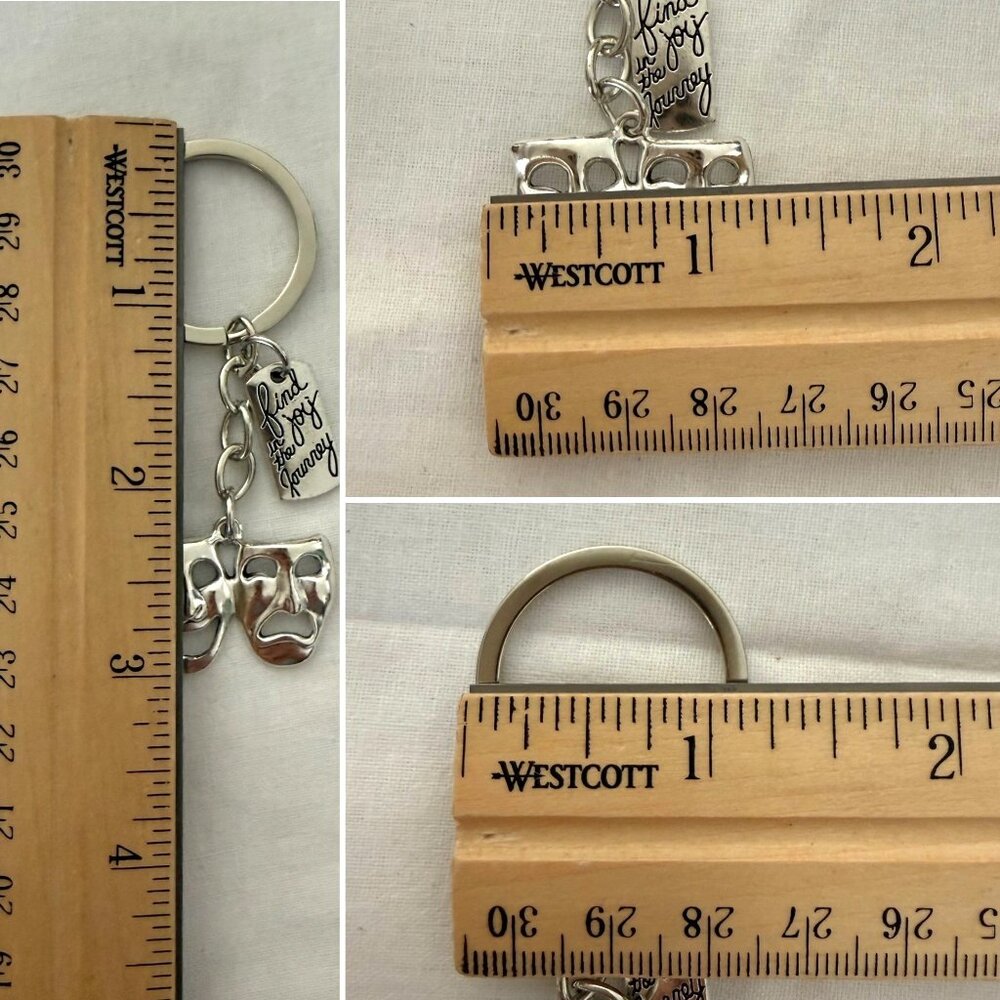 Theater Masks Keychain Bag Charm 3 Inch Silver Tone Drama Comedy Accessory - Picture 4 of 6